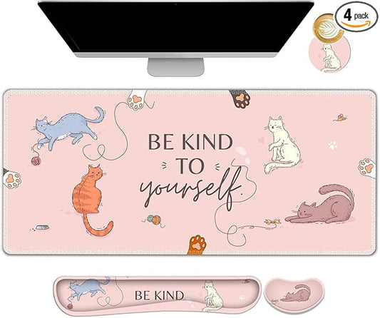 Large Gaming Mouse Pad Set, Pink Cats Ergonomics Keyboard Desk Mat with Memory Foam Wrist Rest, Extended Game Mousepad, Non-Slip Desk Pad Matt Easy Typing Pain Relief I Be Kind to Yourself