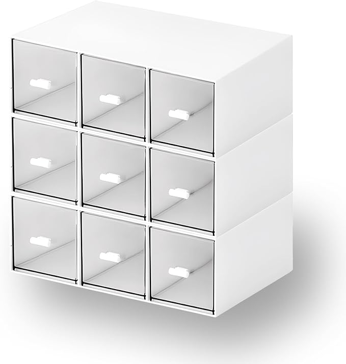 Desktop Drawers, Desk Organizer with 9 Drawers, Stackable Plastic Storage Box for Home Collection, Cosmetics, Jewelry, Office Supplies (3 Tiers, White)