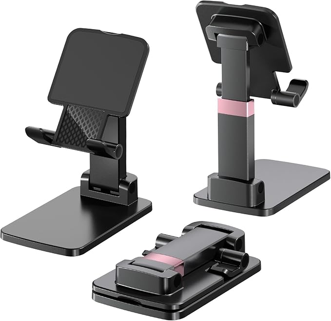 Phone Holder for Desk Cell Phone Holder Height Angle Adjustable Stands, Anti-Slip Base, Compact Design for iPhone Android Devices,Black,2Pack