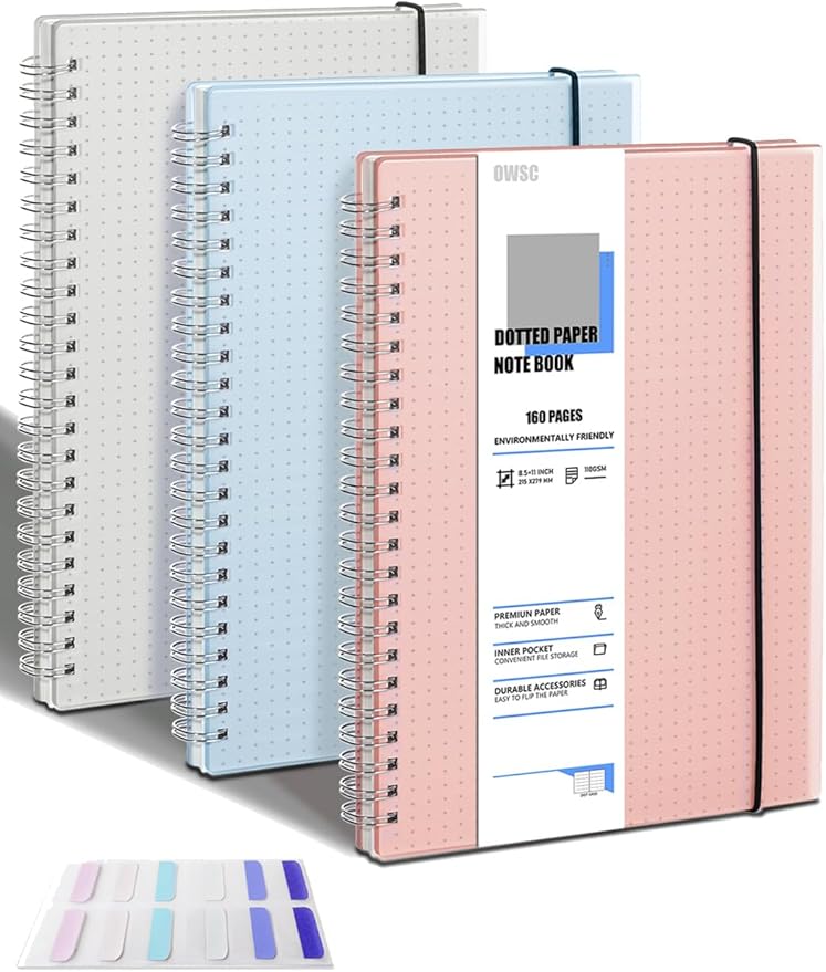 3 Pack Dot Notebook, 8.5 x 11 Inches Spiral Notebooks for Work, School and Journal with 110 GSM Journal Dotted Paper, Large Notebook with 80 Sheets/160 Pages, Hardcover Dot Journal Notebook