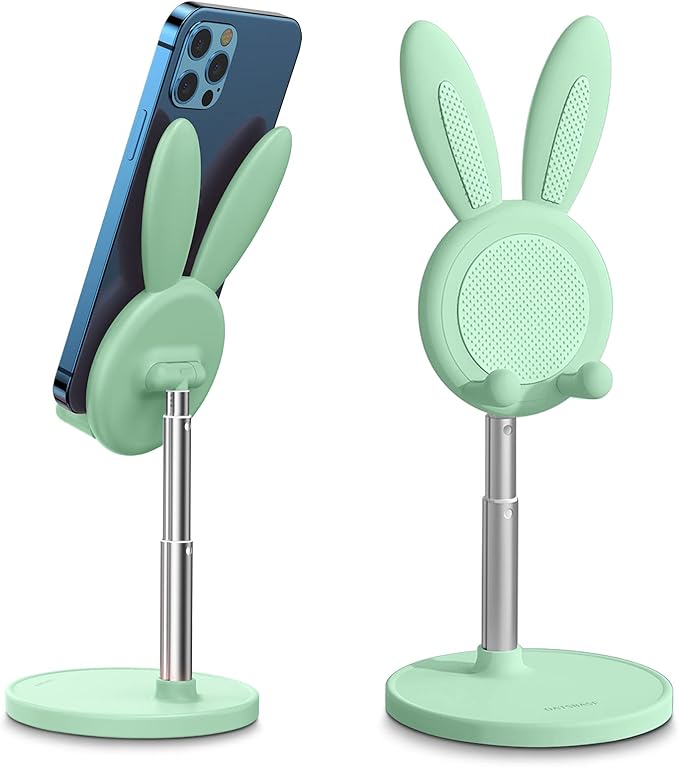 OATSBASF Cute Cell Phone Stand, Adjustable Bunny Phone Stand for Desk, Thick Case Friendly Holder Compatible with iPhone, Kindle, iPad, Switch, All Phones (Green)