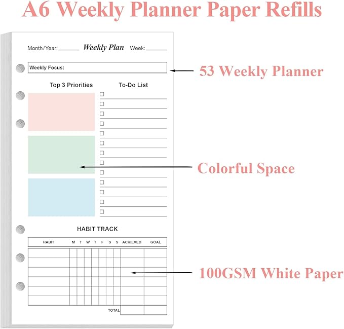 A6 Weekly Planner Refills for Filofax Personal Binders, 53 Sheets/106 Pages Undated Colorful Weekly Planner, 6-Hole Punched, 100 gsm White Paper, Last 1 Year, 3.75" x 6.75"