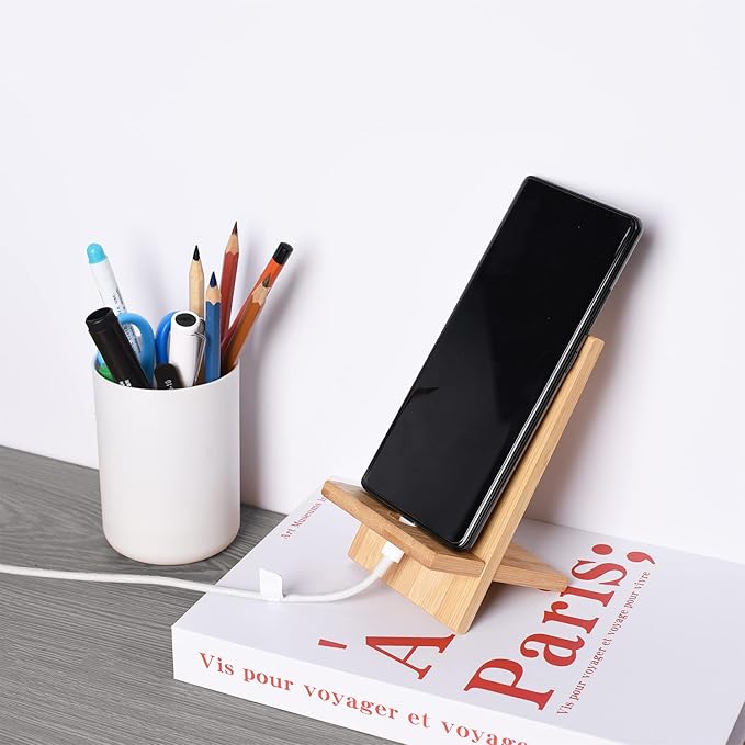 Mobile Stand Japanese Style Cellphone Holder Desktop Organizer Charging Station Compatible with All Smartphones Tablets Natural Bamboo Wood Portable Adjustable Angle (Plain-Hole)
