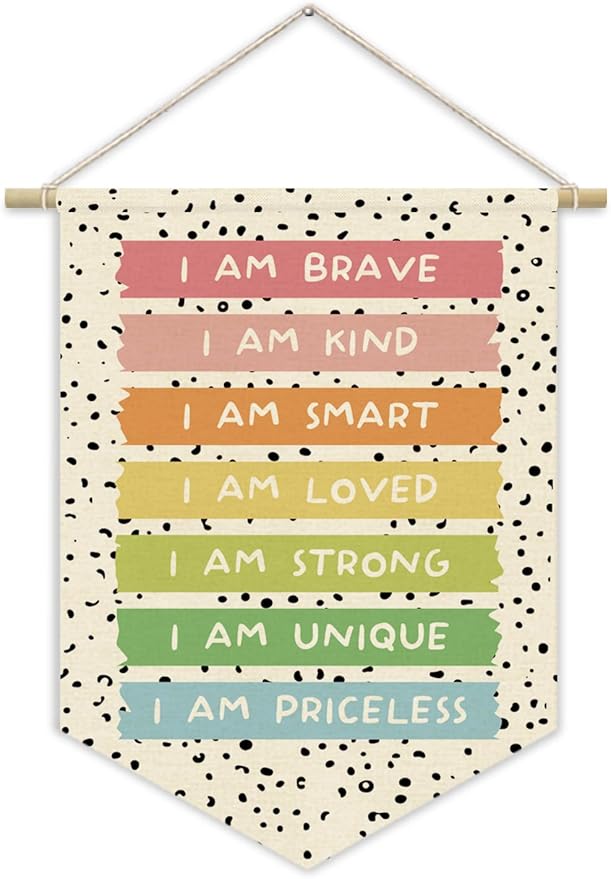 Boho Classroom Decor,Positive Affirmation for Playroom Wall Decor Canvas Banner,Pastel Rainbow Wall Hanging Pennant Flagfor Playroom Homeschool Bedroom 15x11in
