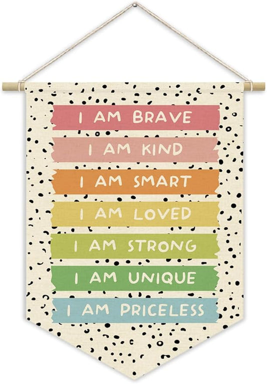 Boho Classroom Decor,Positive Affirmation for Playroom Wall Decor Canvas Banner,Pastel Rainbow Wall Hanging Pennant Flagfor Playroom Homeschool Bedroom 15x11in
