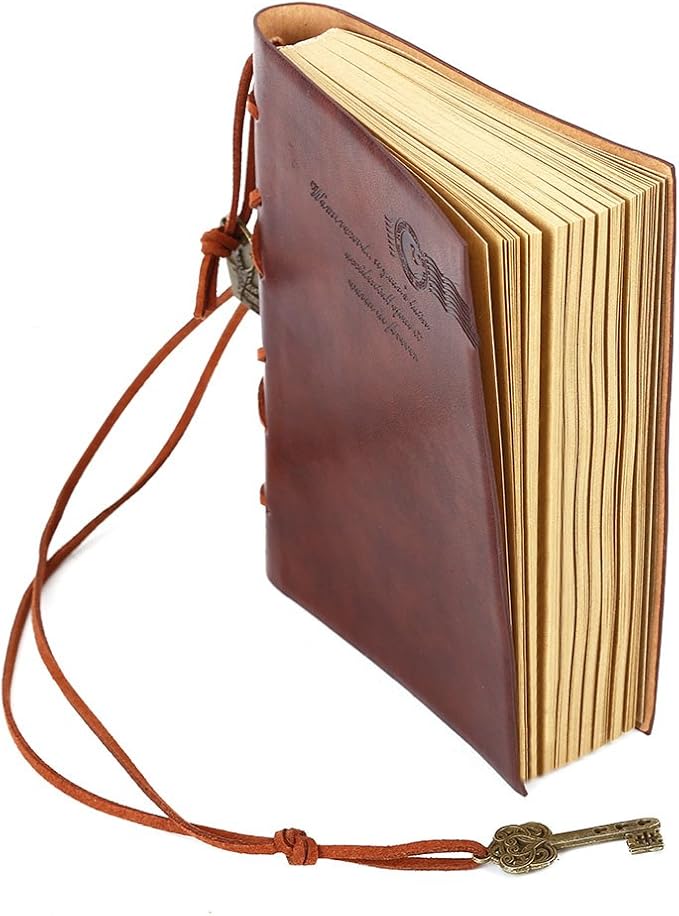 EvZ Leather Writing Journal Notebook, Classic Key Bound Retro Vintage Notebook Diary Sketchbook Gifts with Unlined Travel Journals to Write in for Girls and Boys Notepad Guest Book, Dark Coffee