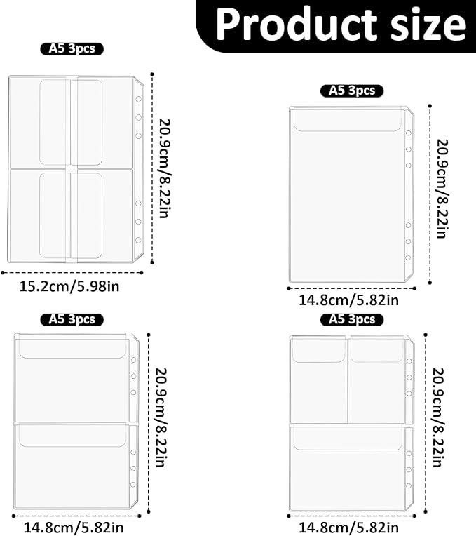 A5 Binder Pockets, 12Pcs A5 Size 6 Holes Binder Inserts, Waterproof Inserts Sleeves Premium Clear Binder Zipper Folders Document Filing Bags for 6-Ring Notebook Binder Loose Leaf Bags, Clear