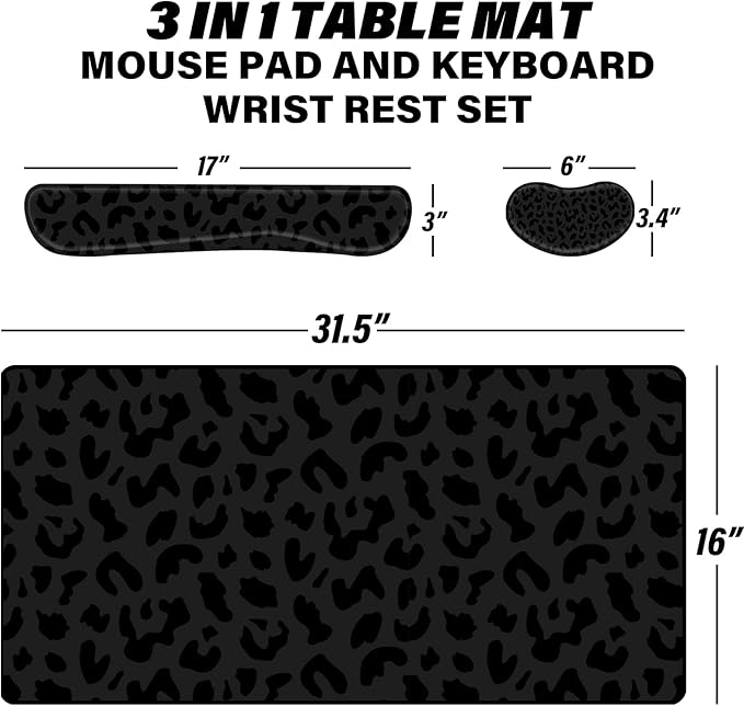 3Pcs Large Gaming Mouse Pad Desk Mat,Keyboard Mouse Wrist Rest Support Set,Extended Laptop Mouse Pad Memory Foam Non-Slip Base for Gamer Home Office(31.5x15.7in)-Black Leopard Cheetah