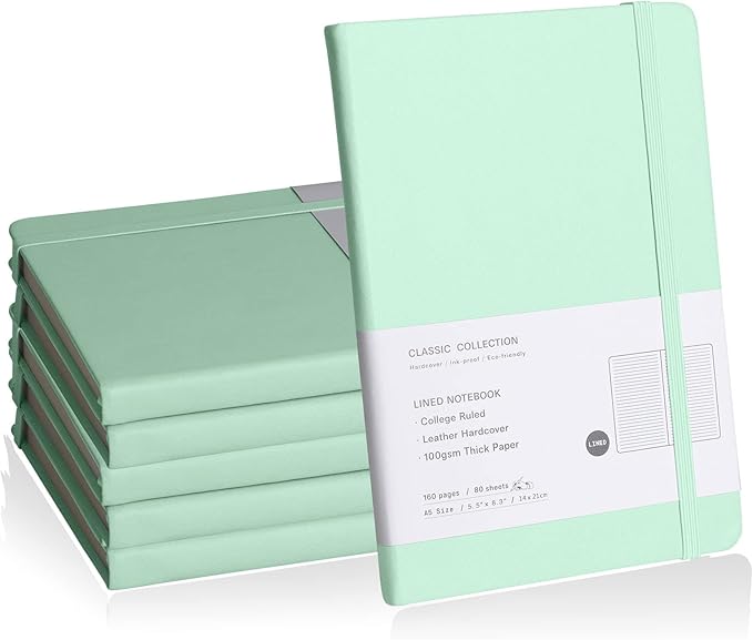 Lined Journal Notebook, 6Pack Hardcover Notebook for Men & Women – Journals for Writing, Work, School, Home & Daily Notes, 160 Pages – Medium A5, 5.7"x8", 100 gsm Thick Paper (Eggshell Green)