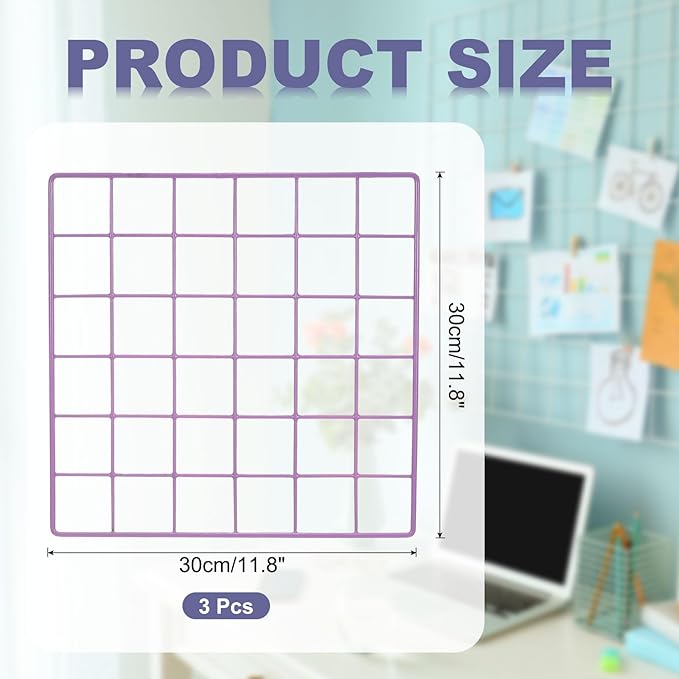 PATIKIL 12x12 in Wall Grid Panel, 3 Pack Wire Grid Panel Shelf Board Metal Gridwall Photo Pictures Display Hanging Organizer Mesh Frame Memo Board for Display DIY Craft Shows Home, Purple