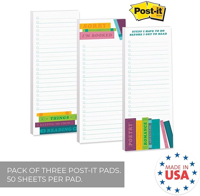 Book Lover Sticky Note Checklist Assortment/Set of 3 Colorful to Do Note Pads / 3" x 8" Bookworm Task Trackers / 50 Sheets Per Pad/Made in USA