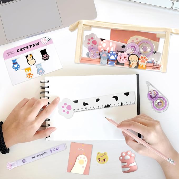 19 PCS Cute Cat Paw Stationery Set, Cartoon Mini Pencil Roller, Kawaii Magnetic Bookmarks, Correction Tape, Eraser, Multicolor Pens, Ruler, Highlighters Sticky Notes for Cat Lovers