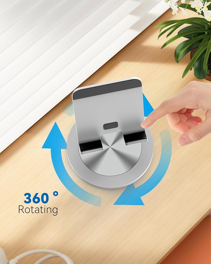 360 Rotating Phone Holder for Desk, Dual-Adjustable Foldable Heavy-Duty Bases Aluminum Phone Stand Compatible with iPhone 17 16 15 14 13 12 11 Series, Galaxy, 4-8" All Phones (Silver)