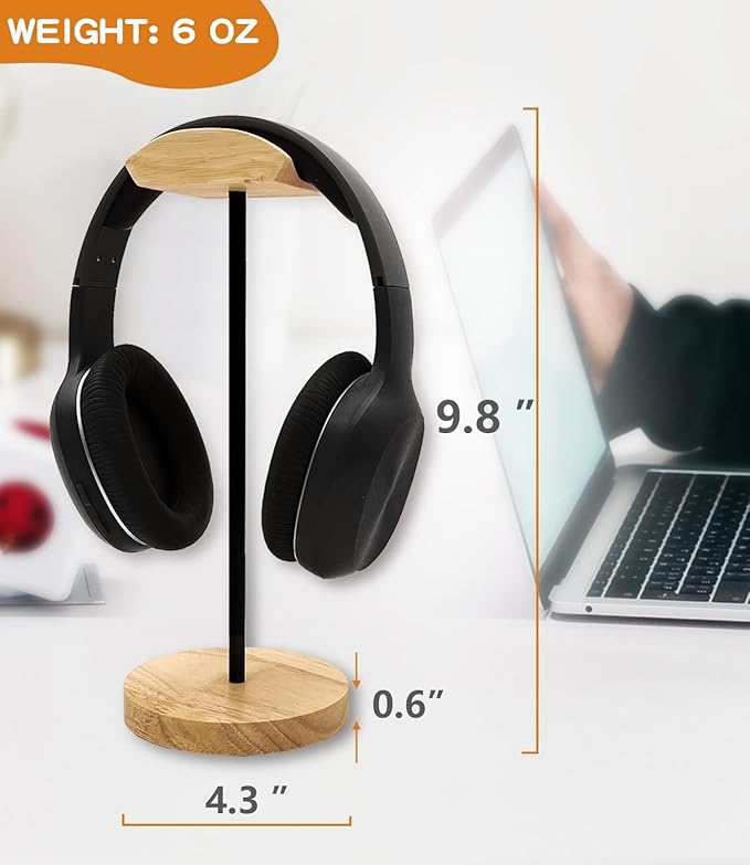 Headphone Stand Nature Wood & Aluminum Headset Hanger Mount Hook Gaming Holder Desktop Earphone Artful Functional Craftmanship Stand for All Headsets with Solid Wooden Base