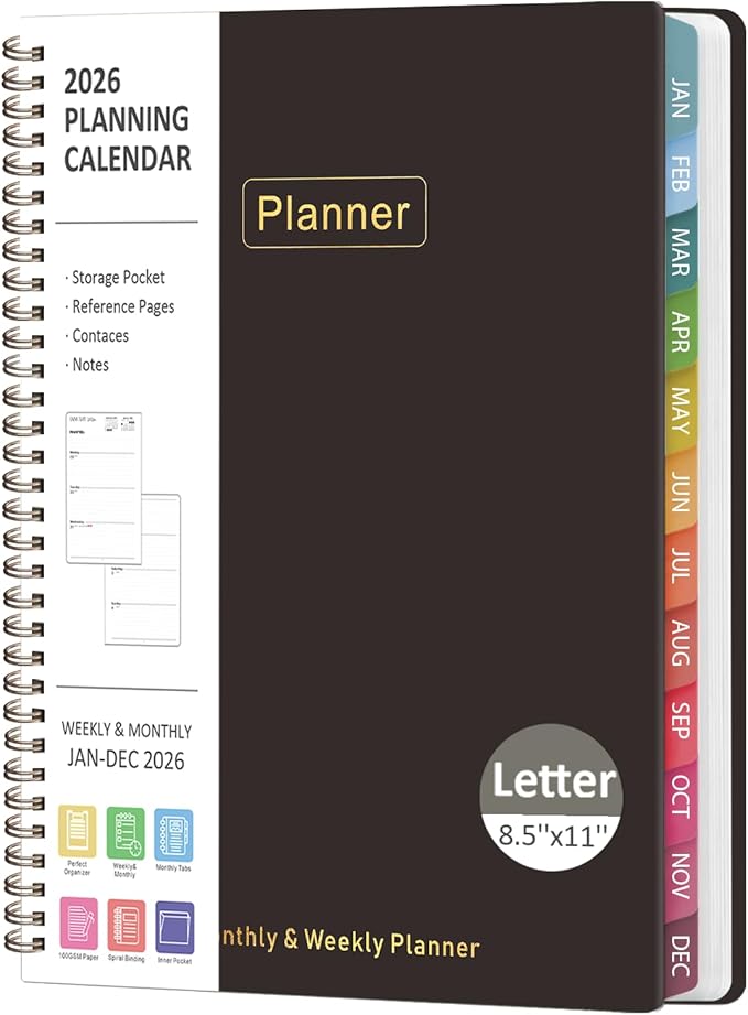 2026 Planner, 8.5" x 11" Weekly and Monthly Large Calendar Planner, Letter Size, Jan - Dec 2026, Hardcover Daily Agenda and Organizers for School Essentials & Office Supplies