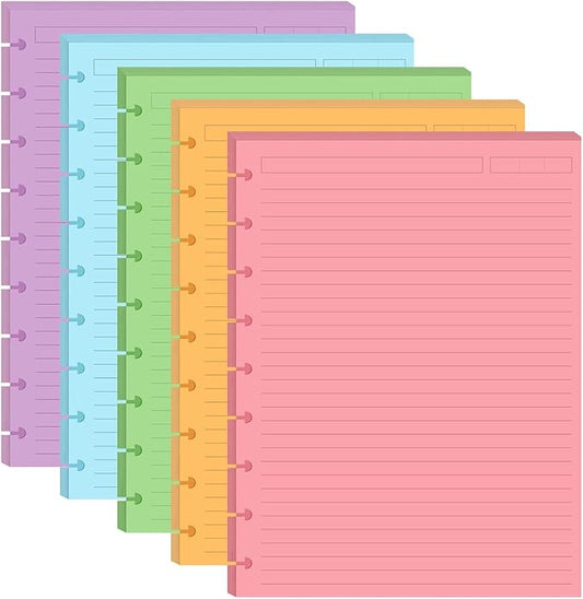 9-Disc Discbound 5 Colorful Line Paper Pre-punched Happy Planners Inserts, 100Sheets/200Pages Classic Size Line Loose-Leaf Paper, Per Color 20 Sheets, 7" x 9.25"