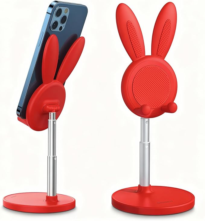 OATSBASF Cute Cell Phone Stand, Adjustable Bunny Phone Stand for Desk, Thick Case Friendly Holder Compatible with iPhone, Kindle, iPad, Switch, All Phones (Red)