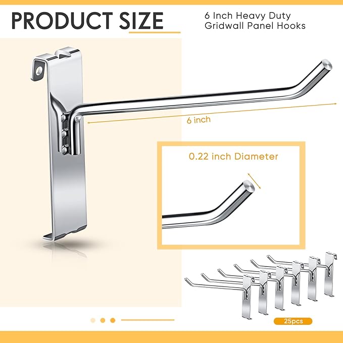 LEIFIDE 25 Pcs Gridwall Panel Display Hooks - Silver Stainless Steel Peg Hooks for Grid Wall Retail Shop Display Trade Show Home Office Garage Storage, 6 Inch