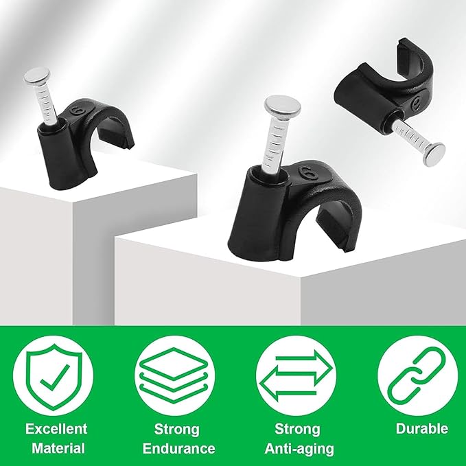 400pcs Cable Clips, 4mm 6mm 8mm 10mm Half Clamp J-Hook with Nail, Nail in Cable Clips Ethernet Cable Nails Tacks Clips, Black