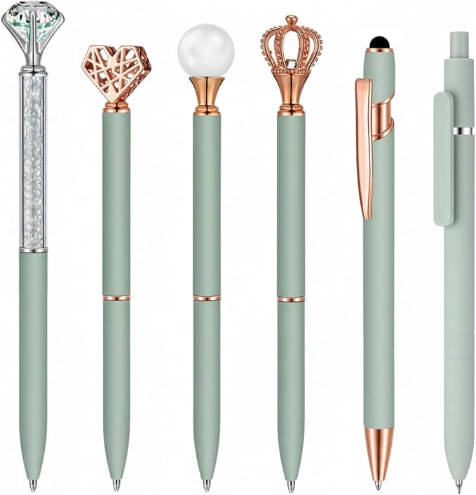 6 Pcs Ballpoint Pens Set Metal Crystal Diamond Pen for Journaling Glitter Pretty Black Ink Fancy Gifts Cute Stationery for Women Girls Teacher Office Wedding School Supplie (Sage Green)