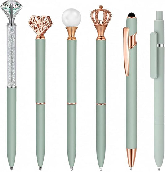 6 Pcs Ballpoint Pens Set Metal Crystal Diamond Pen for Journaling Glitter Pretty Black Ink Fancy Gifts Cute Stationery for Women Girls Teacher Office Wedding School Supplie (Sage Green)