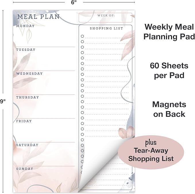 Global Printed Products 6" x 9" Vertical Meal Planning Pad, 60-Sheets, Soft Pink Floral