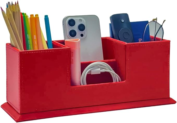 UnionBasic Desk Organizer, Desktop Caddy Leather Multi-compartment Pen Holder Office Stationer Organizer, Red