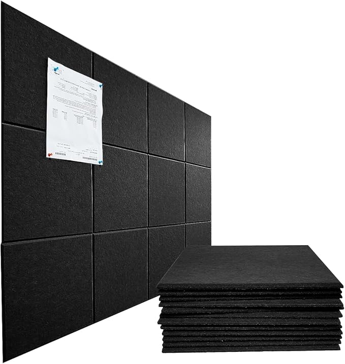 Large Cork Board Alternative, 11.8''x11.8'' 12 Pack Felt Bulletin Board with Safe Removable Adhesive Tabs, Connectable Felt Wall Tiles Bulletin Boards Cork Boards for Walls Pin Board Tack Board-Black