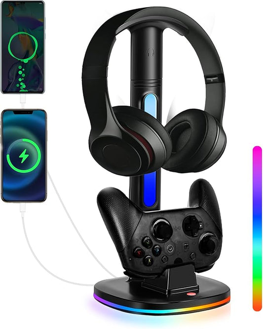 Charger Dock for Switch Pro Controller, JDGPOKOO Charger with RGB Headphone Stand for Nintendo Switch & OLED, Charging Dock Station with 2 USB Charging Ports and Headset Stand, Black
