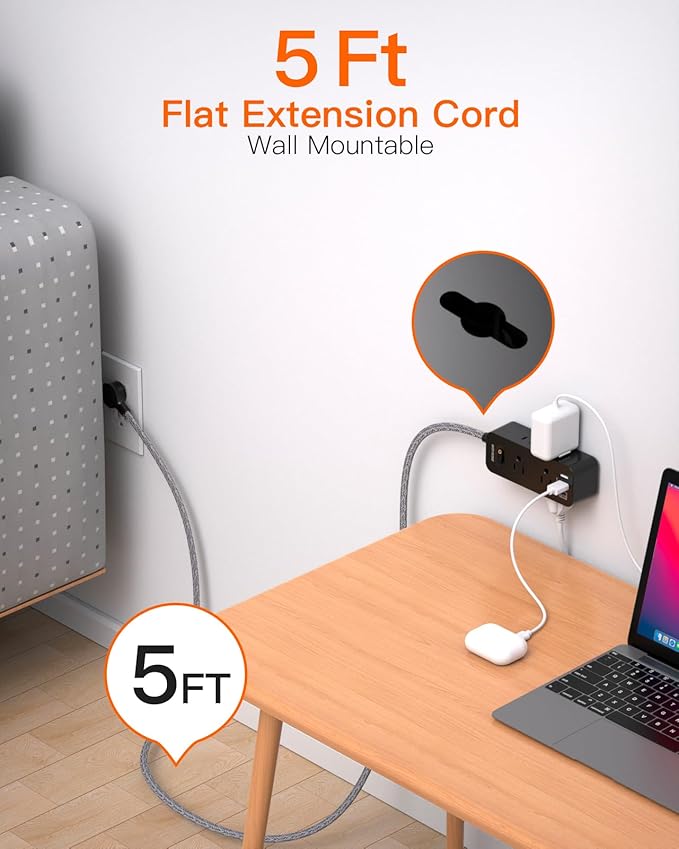 Black Power Strip Surge Protector, BESHON 5Ft Extension Cord, 6 Outlets with 3 USB Ports(1 USB C Outlet), 3-Side Outlet Extender, Wall Mount, Compact for Travel, Home, College Dorm Room, and Office