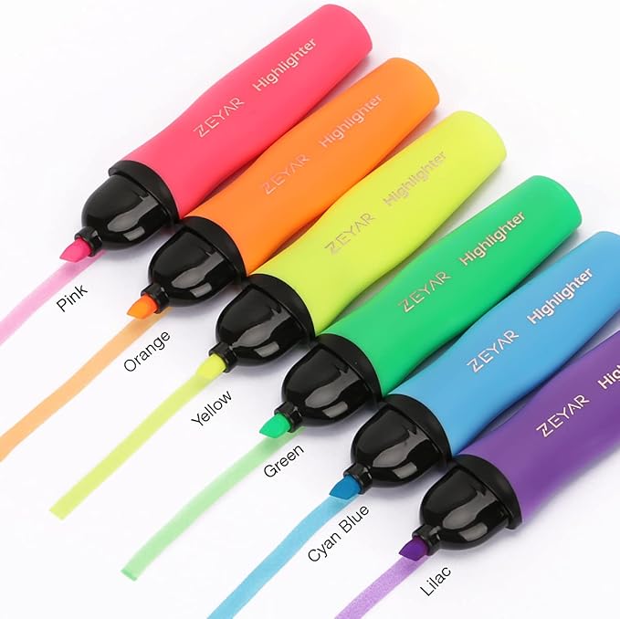 ZEYAR Aesthetic Highlighter Pen, Chisel Tip Marker Pen, AP Certified, Assorted Colors, Water Based, Quick Dry, Cute Highlighters, Patented Product (6 Candy Colors)