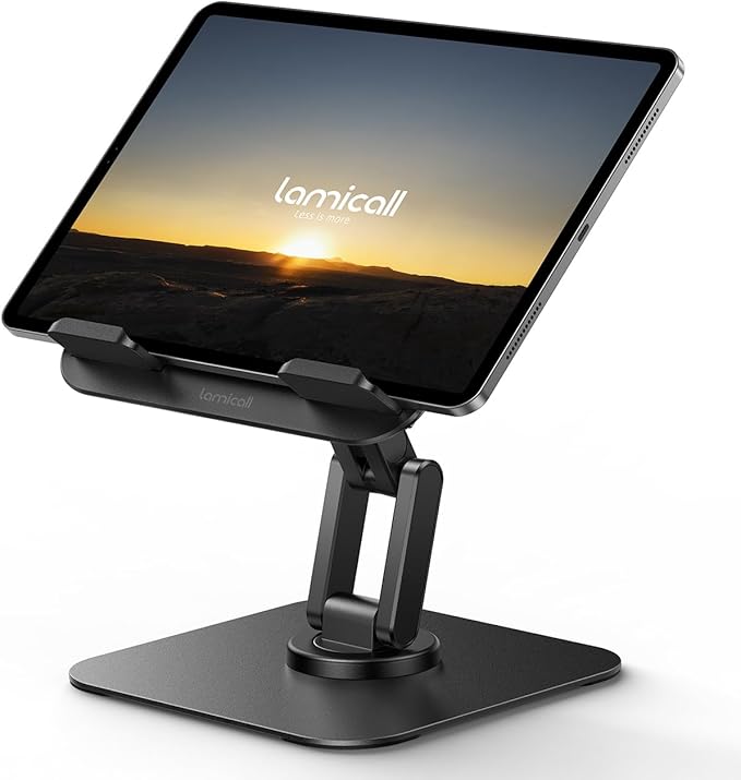 Lamicall Rotating Tablet Stand for Desk - [Fully Adjustable][Foldable & Portable] iPad Stand with Heavy-Duty Base, Tablet Holder Gifts for 4.7-13" Devices, 2025 iPad Pro Air, Kindle, iPhone 17 Pro