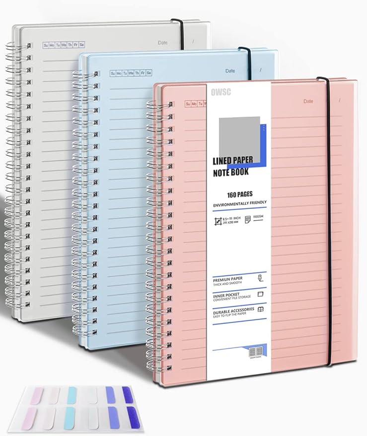 3 Pack Ruled Notebook, 8.5 x 11 Inches Spiral Notebooks for Work, School and Journal with 110 GSM Journal Ruled Paper, Large Notebook with 80 Sheets/160 Pages, Hardcover Ruled Journal