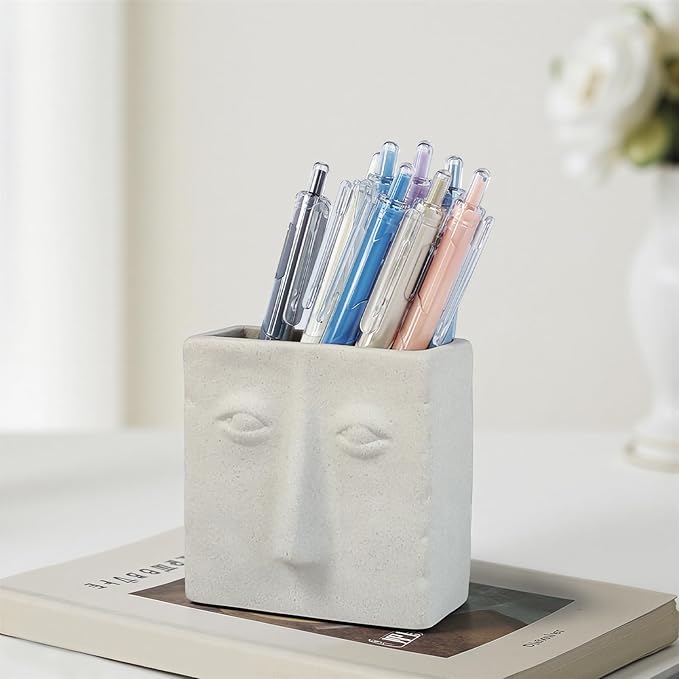 Abstract Square Face Ceramic Pen Holder, Multi-Use Ceramic Pencil Holder & Pen Holder, Modern Minimalist Desk Accessory for Home & Office Organization
