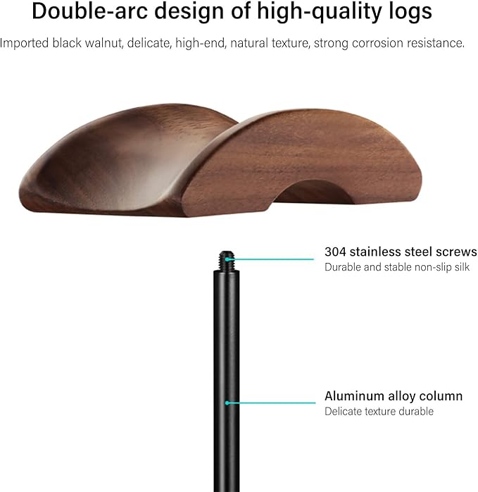 Headphone Stand, Walnut Wood & Aluminum Headset Stand, Nature Walnut Gaming Headset Holder with Solid Heavy Base for All Headphone Sizes (Black)