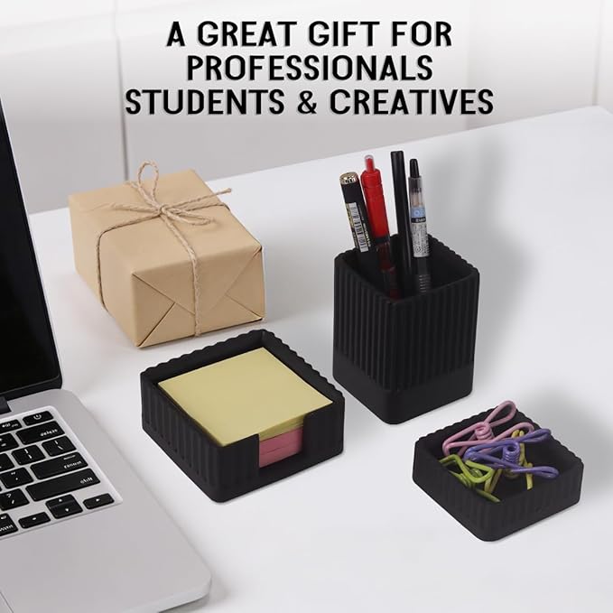 Aesthetic Concrete Desk Organizer Set of 3 - Stylish & Durable Office Accessories - Includes Pen Holder, Paperclip Storage, and Sticky Note Holder for a Clean, Modern Workspace (Black)