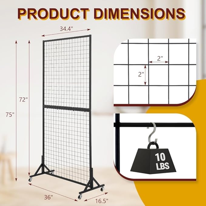 2 Packs 3' x 6' Grid Wall Panels Standing Wire Grid, Study Display Rack with T-Base Wheels Freestanding Gridwall Panel Tower for Shows, Black