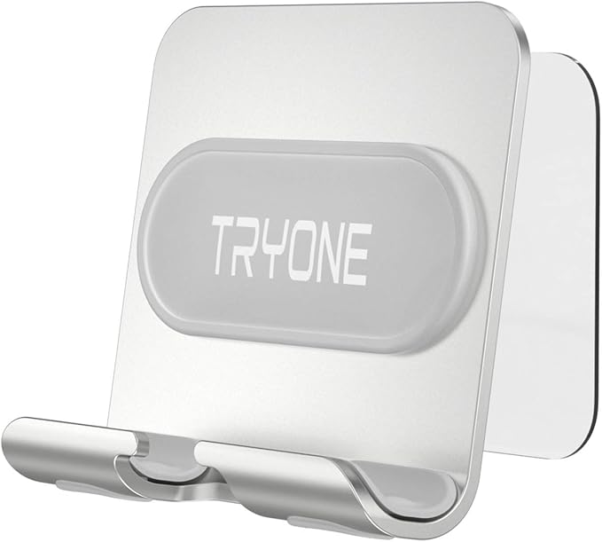 Tryone Wall Mount Cell Phone Holder - Mirror Adjustable Cellphone Stand with 2Pcs Adhesive Sticky Pads for Bathroom Bedroom Kitchen or Dorm, Compatible with iPhone Series or Other Smartphones
