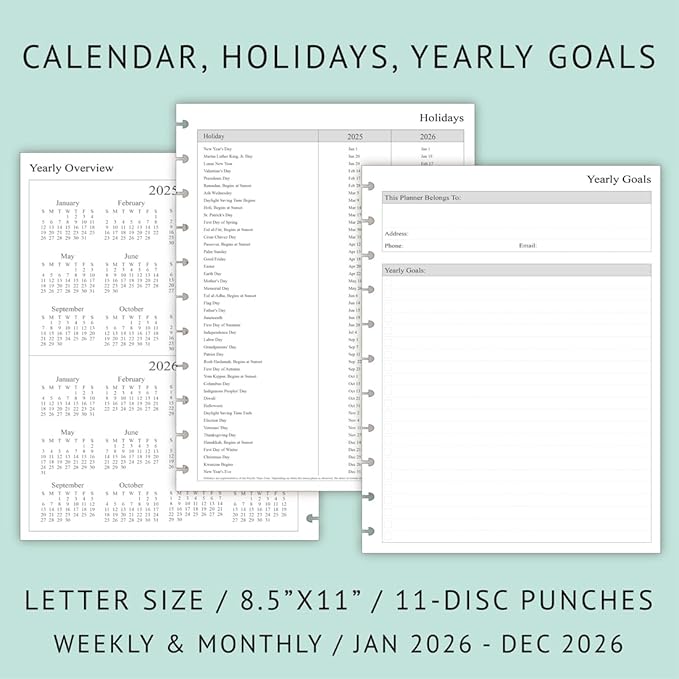 2026 Weekly Planner Refills for 11-Discbound Notebooks, Monthly Tabs, 11-Disc Punches, Letter Size, 8-1/2" x 11"
