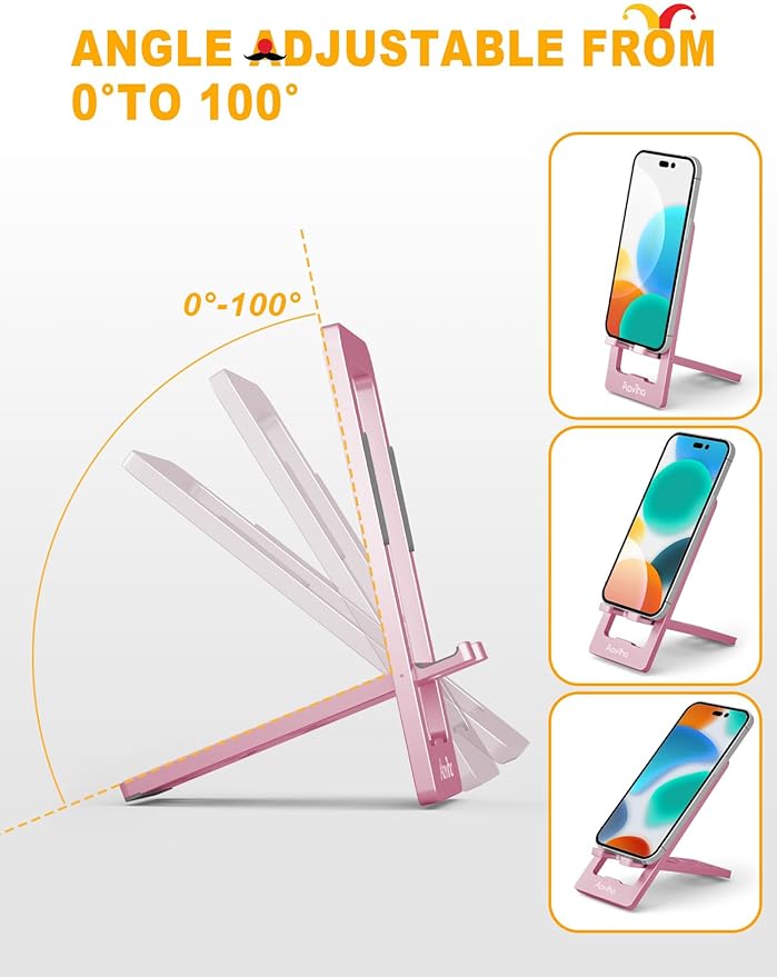 Phone Stand for Desk, Ultra-Thin Foldable Aluminum Phone Holder, Portable Travel & Office Cell Phone Stand Compatible with iPhone 17 16 15 14 13 12 Pro Max, Fits 3.7"-7" Devices, Pink