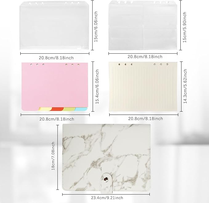 FYY A5 Binder Refillable Planner Notebook 6 Ring PU Leather Binder Journal with Pockets, Dividers, Refill Paper Marble White