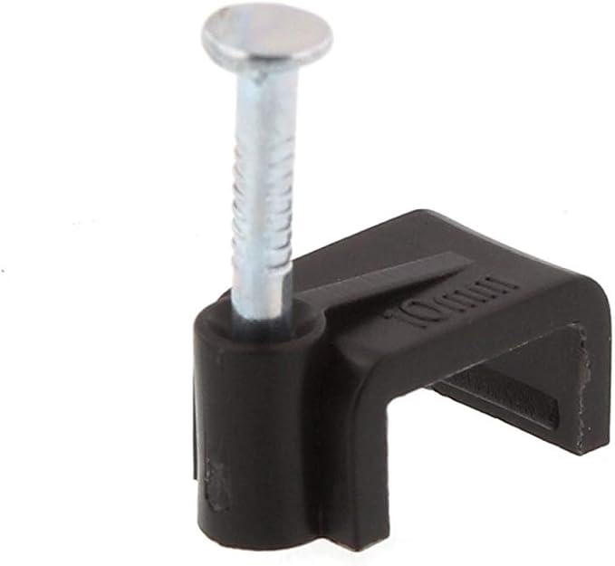 Secure 10mm Black Flat Nail Cable Clip for Coax, Ethernet, and Telephone Cable Management - 100 Pack
