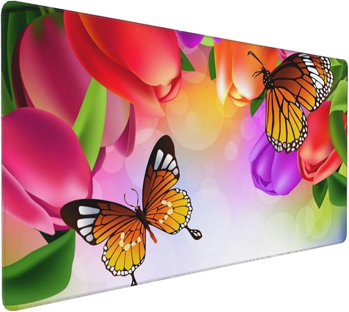 Extra Large Mouse Pads Tulip Flowers and Butterflies XXL Extended Mousepad with Stitched Edges Non-Slip Rubber Base Computer Keyboard Pad Desk Mat for Home Office Desk Decor, 35.4" X 15.7"