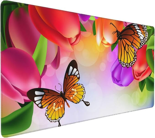 Extra Large Mouse Pads Tulip Flowers and Butterflies XXL Extended Mousepad with Stitched Edges Non-Slip Rubber Base Computer Keyboard Pad Desk Mat for Home Office Desk Decor, 35.4" X 15.7"