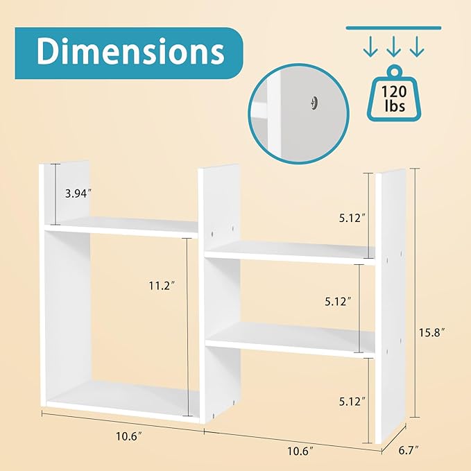 White Desktop Shelf Organizer for Top of Desk - Wood Desk Hutch for Dorm Room Essentials & Home Office - Small Tabletop Bookshelf for Storage & Decor Display