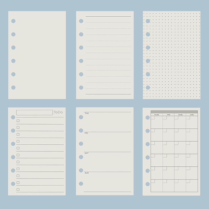 Harphia A7 6 Holes Binder Refill Value Set, 90sheets Plain Blank Loose Leaf Paper with Stickers and dividers, Planner Inserts with Binder Pockets for A7 Binder 6 Holes refillable Notebook,005dA7blank