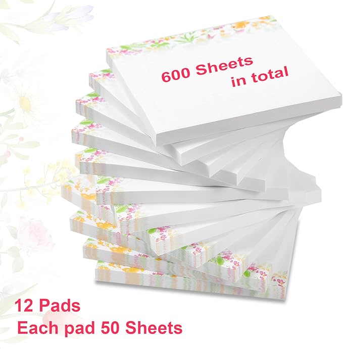 VIBRANZLAB Artsy Pads, Cute Sticky Notes 3x3, 12 Pads of 50 Sheets, Floral Sticky Notes Cute for All Occasions. Perfect Planner Accessories, Phone Message Pads for Office, VL-FSN-134