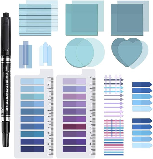 1450 Sheets Transparent Sticky Notes, 3 x 3 inch Aesthetic Clear Lined Sticky Notes with Pen, Gradient Color Waterproof Self-Adhesive Annotation Tabs for Bible Journaling (Blue & Purple)