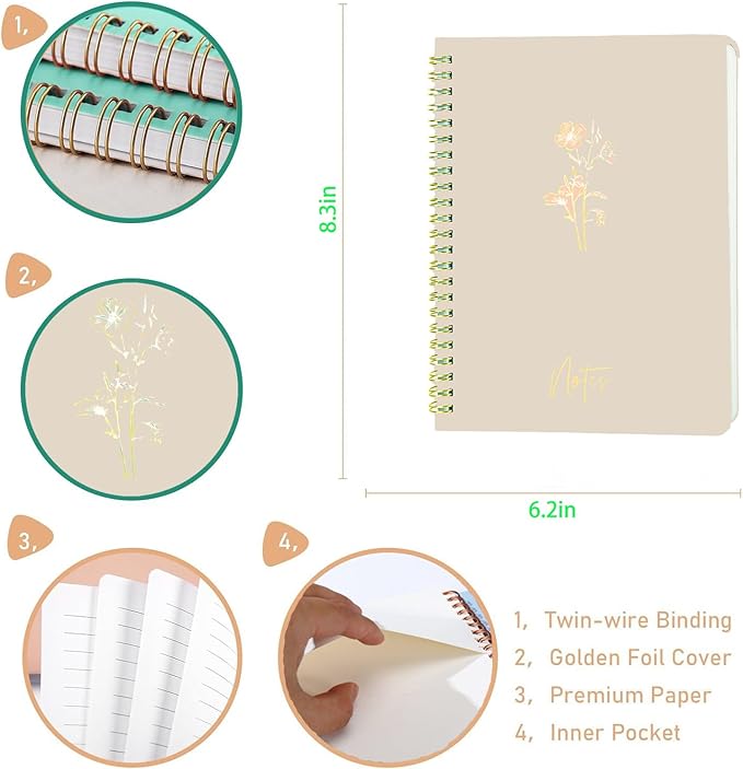 Lined Spiral Journal Notebook for Women & Men，A5 Journaling Notebooks for Work& Note Takin,Journals for Writing, A lovely notebook for recording life. (Off-white.)
