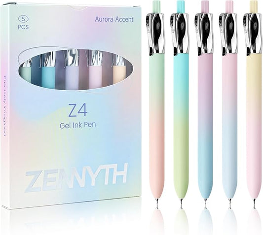 5 Pcs Gel Pens, 0.5mm Black Ink Fine Point Quick-Drying Retractable Pens with Metal Clip, Smooth Writing Pens for School & Office, Journaling & Note Taking (5 Pcs Z4 Aurora)